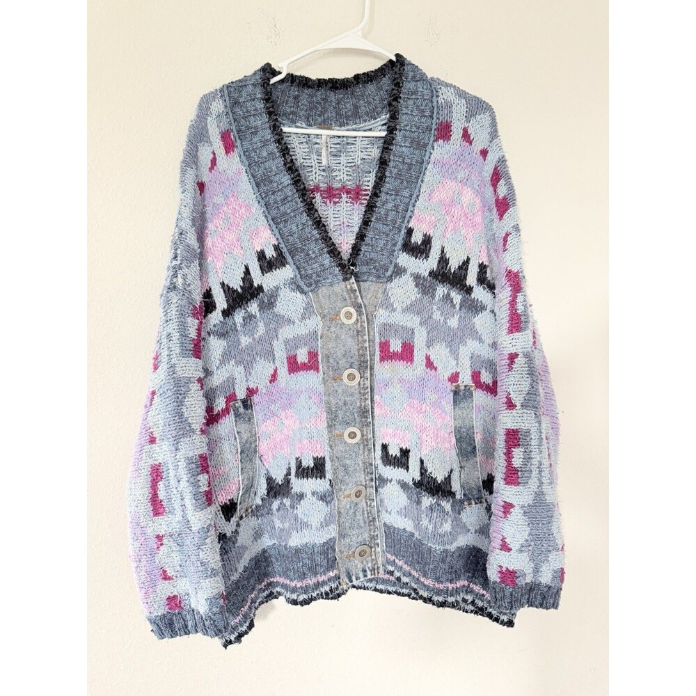 Free People Bluebell Oversized Cardigan Small Denim Aztec Boho Indie Sleeze Top - Picture 5 of 11